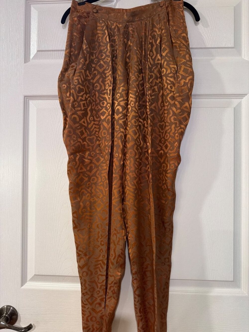 Stefano Studio Vintage Bronze Tapered Pants W/ Abstract Print & Pleated Details